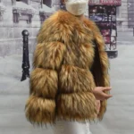Luxurious faux fur coat in warm brown tones, perfect for winter fashion and outdoor wear.