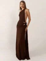 Elegant brown maxi dress with side slit, perfect for formal occasions. Stylish and comfortable for a.