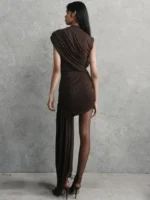 Elegant brown dress with asymmetrical design and sheer fabric, perfect for stylish occasions.
