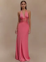 Pink halter neck maxi dress for women, perfect for formal occasions and summer events. Stylish, comf.