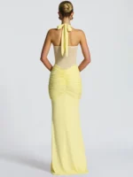 Elegant yellow evening gown with back tie detail for special occasions.