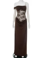Elegant black lace and satin evening gown with off-shoulder design and fitted waist, perfect for for.