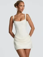 Stylish white dress with fitted design, perfect for formal occasions.