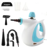 Steam cleaner with various attachments for deep cleaning and sanitizing surfaces.