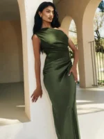 Elegant green satin evening gown for women, perfect for formal events and special occasions.