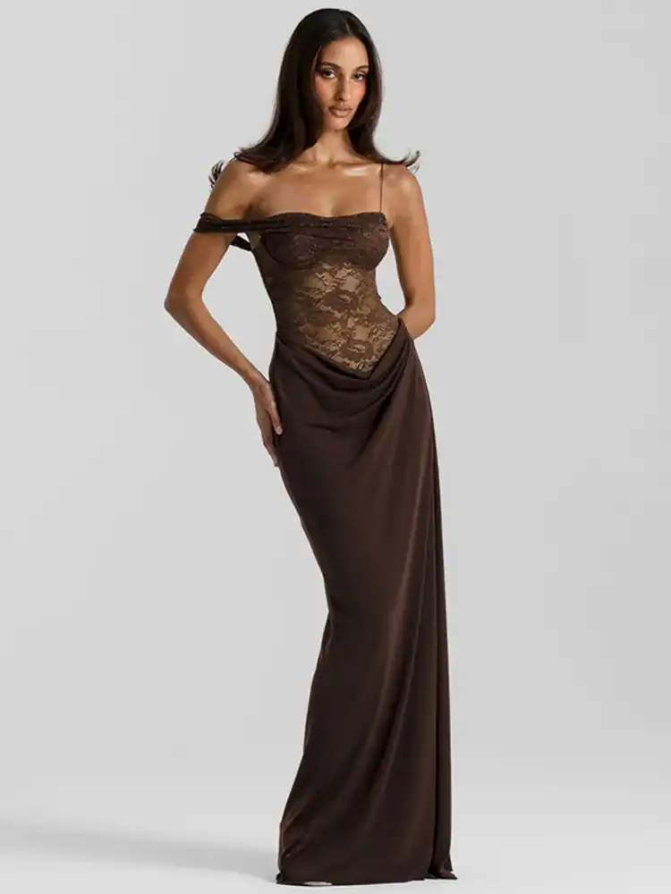 Elegant Brown Lace Evening Gown One Shoulder Lace Maxi Dress
