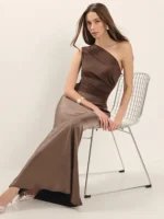 Elegant brown one-shoulder dress perfect for formal occasions and stylish events.