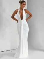 Elegant white evening gown with deep V-neck and ruched details, perfect for weddings or formal event.