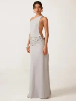 Shoulder silver evening gown with a sleek design and side waist detail. Perfect for formal events an.