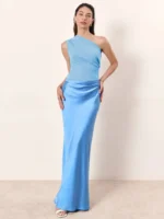 Elegant blue satin evening gown with one-shoulder design and floor-length cut. Perfect for formal ev.