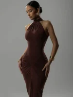 Elegant brown dress with ruched details and high neckline for women. Perfect for formal occasions an.