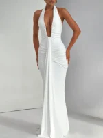 Elegant white evening gown with deep V-neck and ruched details, perfect for formal events and celebr.