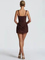 Stylish brown dress with lace-up back, perfect for casual or formal occasions.