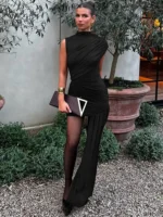 Elegant black evening dress with draped design, perfect for formal events and parties.