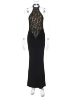 Black lace evening gown with high neckline and fitted silhouette, ideal for formal events and specia.