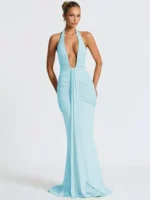 Stylish light blue formal dress with deep V neckline and ruched details, perfect for weddings or gal.