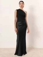 Elegant black one-shoulder evening gown for formal events and special occasions.