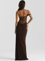 Elegant black lace evening gown with off-shoulder design for formal occasions.