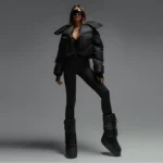 1. Stylish black winter jacket and snow boots for cold weather fashion.