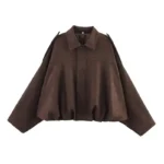 Stylish brown oversized jacket with shoulder epaulets and front zipper closure.