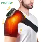 Shoulder pain relief device with heating and vibration therapy for shoulder pain.
