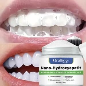 Oral hygiene with Nano-Hydroxyapatite dental powder for healthy teeth.